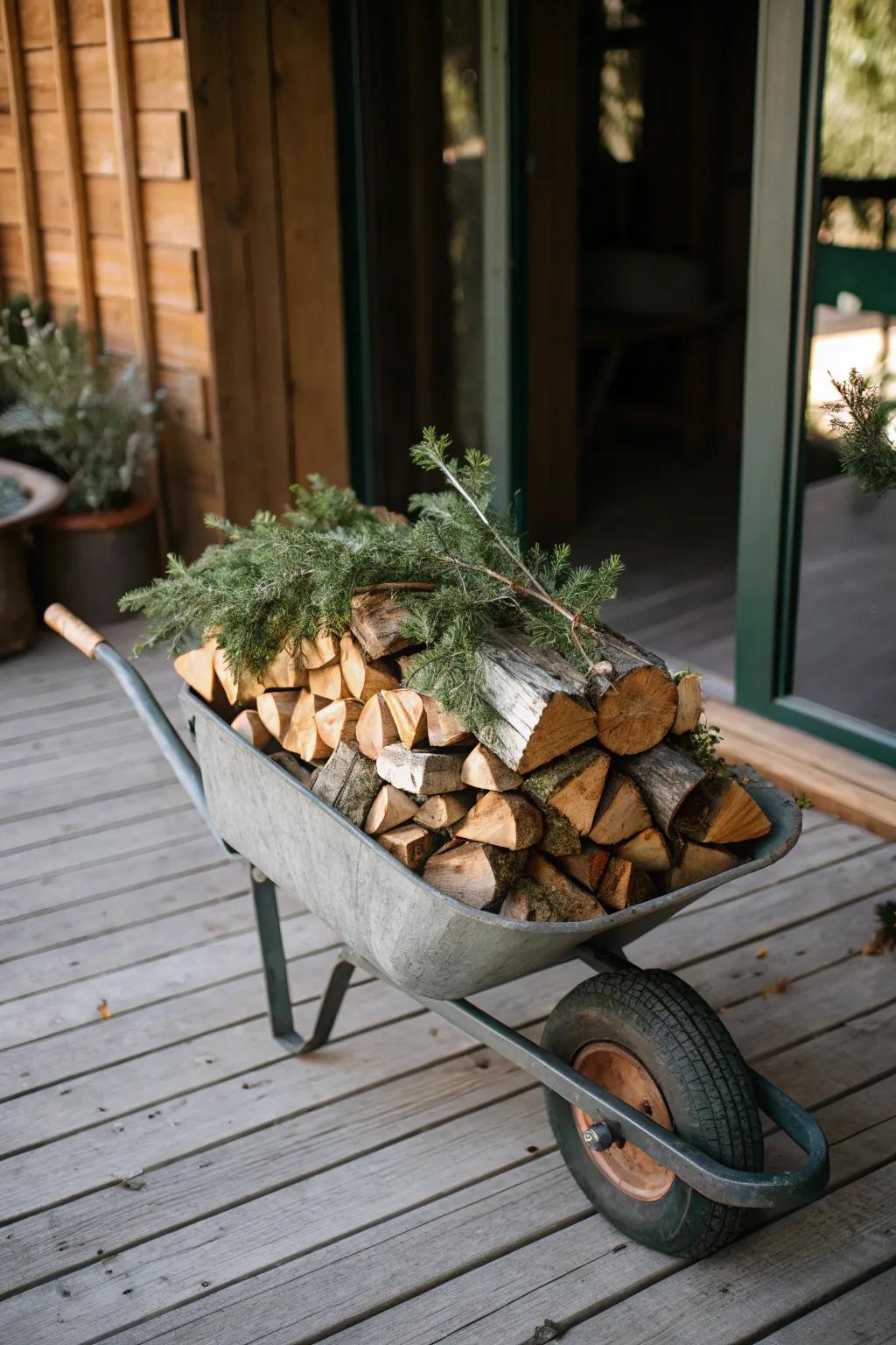 A rustic arrangement featuring firewood and greenery in a builder's cart.