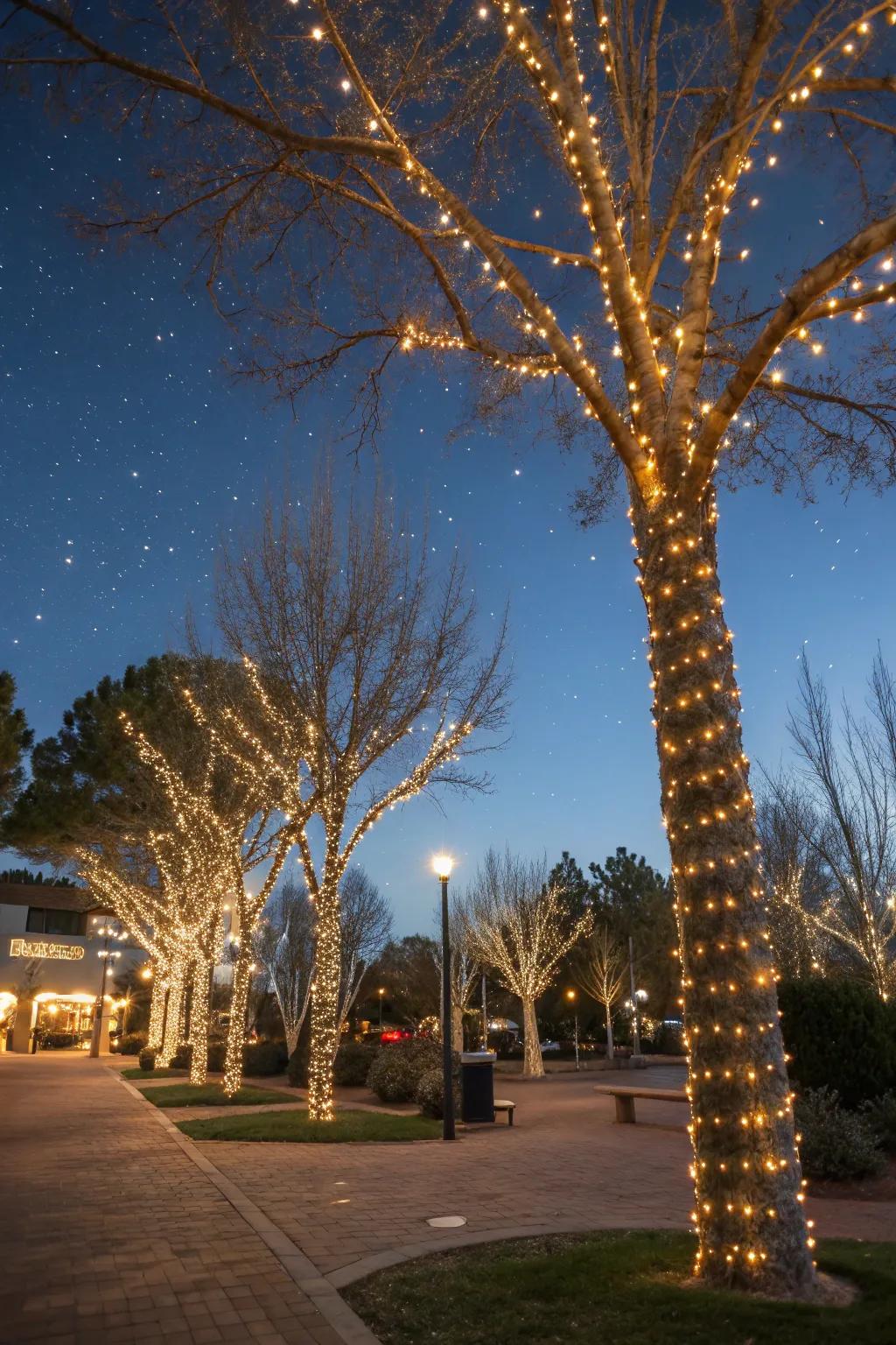 Trees elegantly wrapped with warm white Christmas lights.