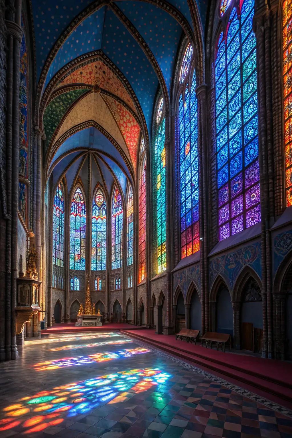 Church interior showcasing vibrant art glass windows.
