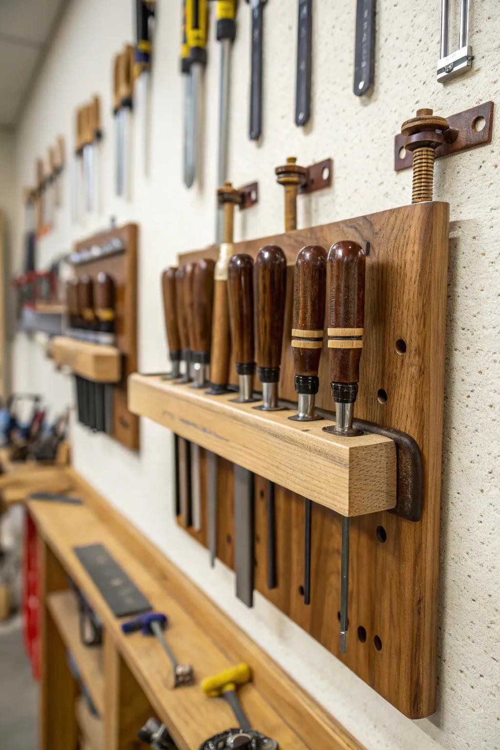 Custom wooden holders provide tailored storage for clamps.