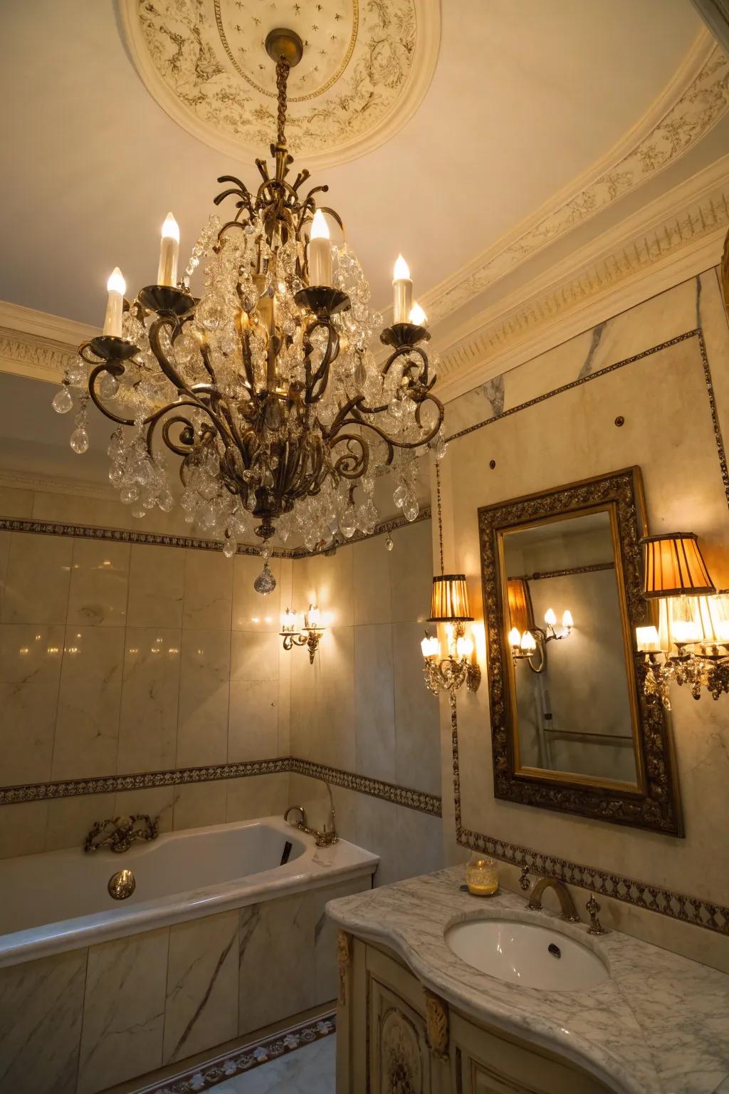 An elaborate hanging light brings elegance to the bathroom.