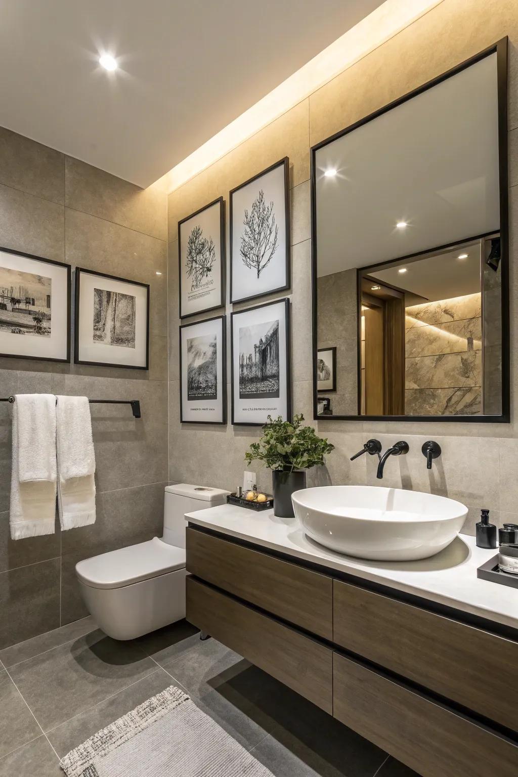A minimalist bathroom featuring monochrome prints for a sleek and modern design.
