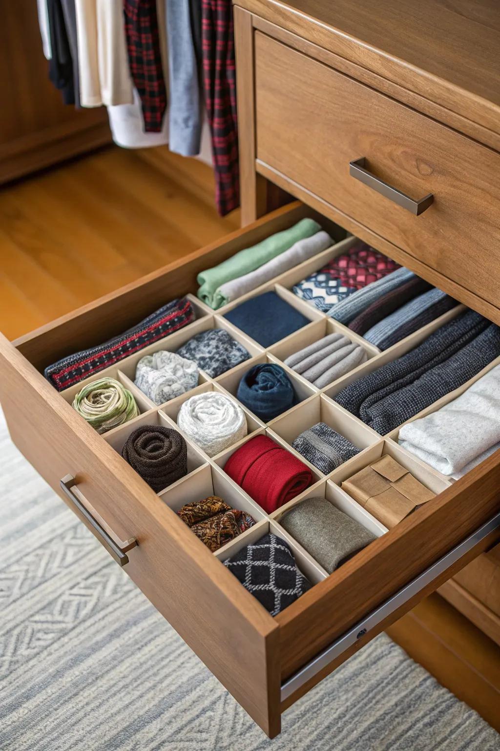 Drawer organizers ensure small items are tidy and easy to find.