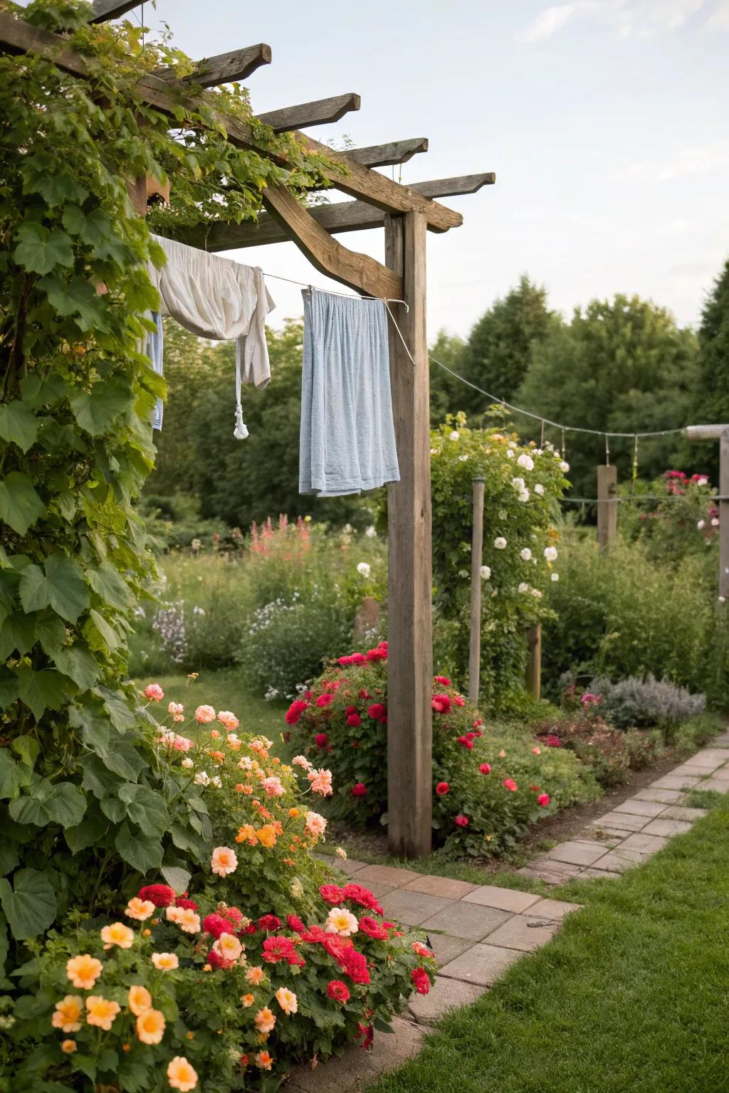 A trellis clothesline blends smoothly with the plants in the garden.