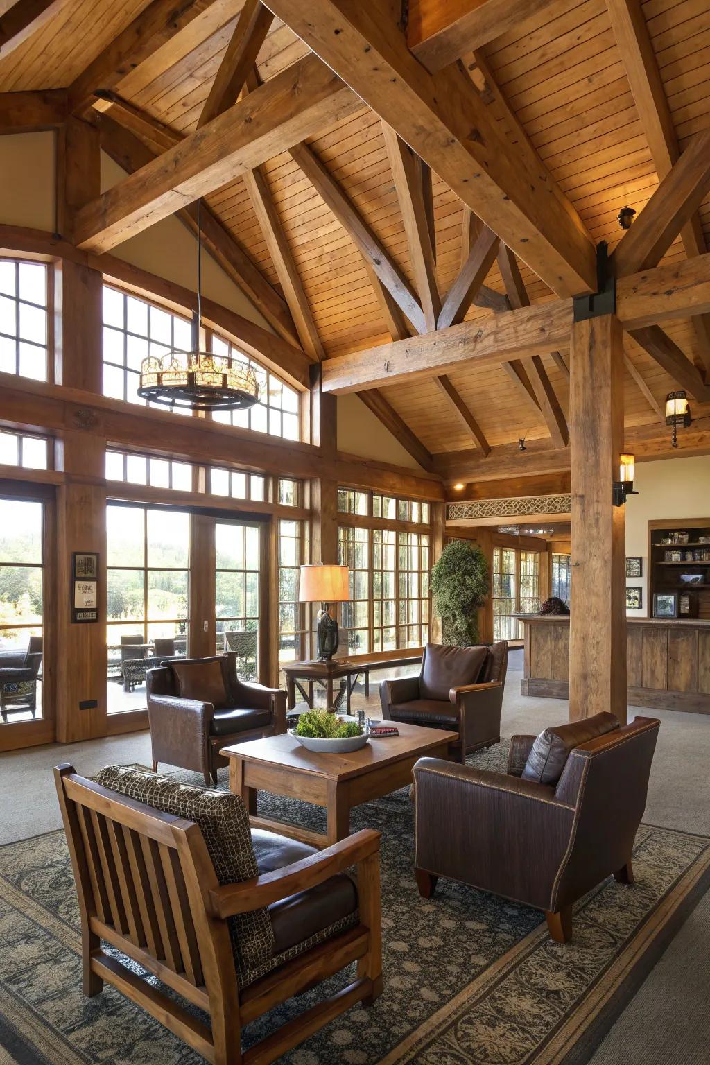 Countryside elements with wooden beams and furnishings in a clubhouse.