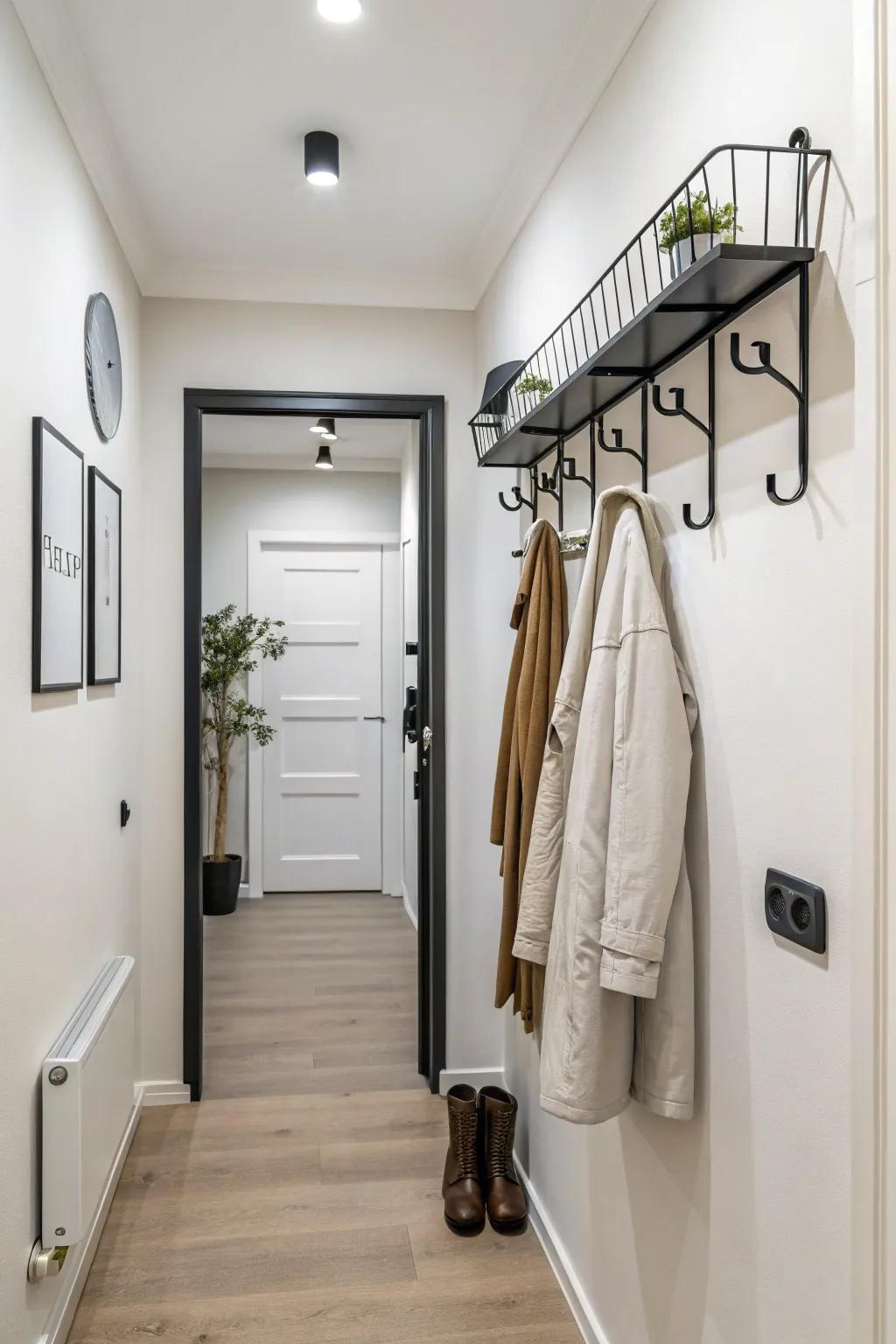 A simple wall-affixed coat rack, suitable for small areas where simplicity is crucial.