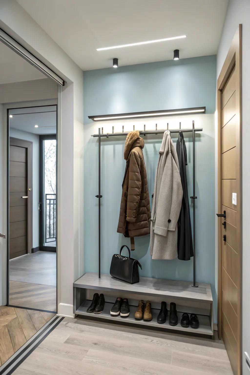 An elegant wall-affixed rack offering beautiful coat storage.