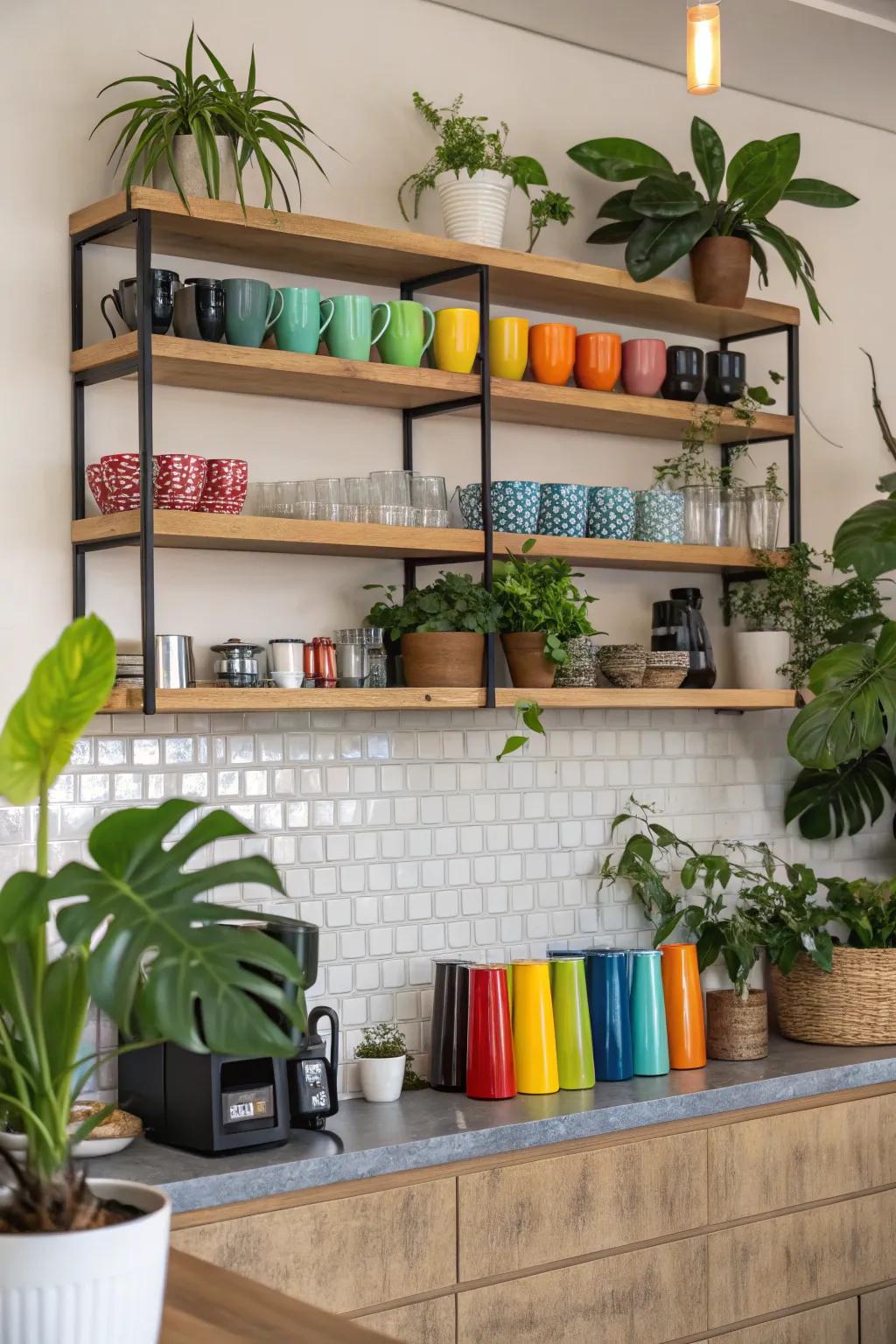 Open shelves that wonderfully display coffee needs.