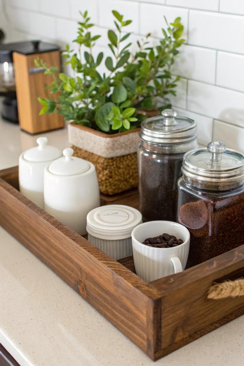 A neat wooden tray keeps coffee items together.