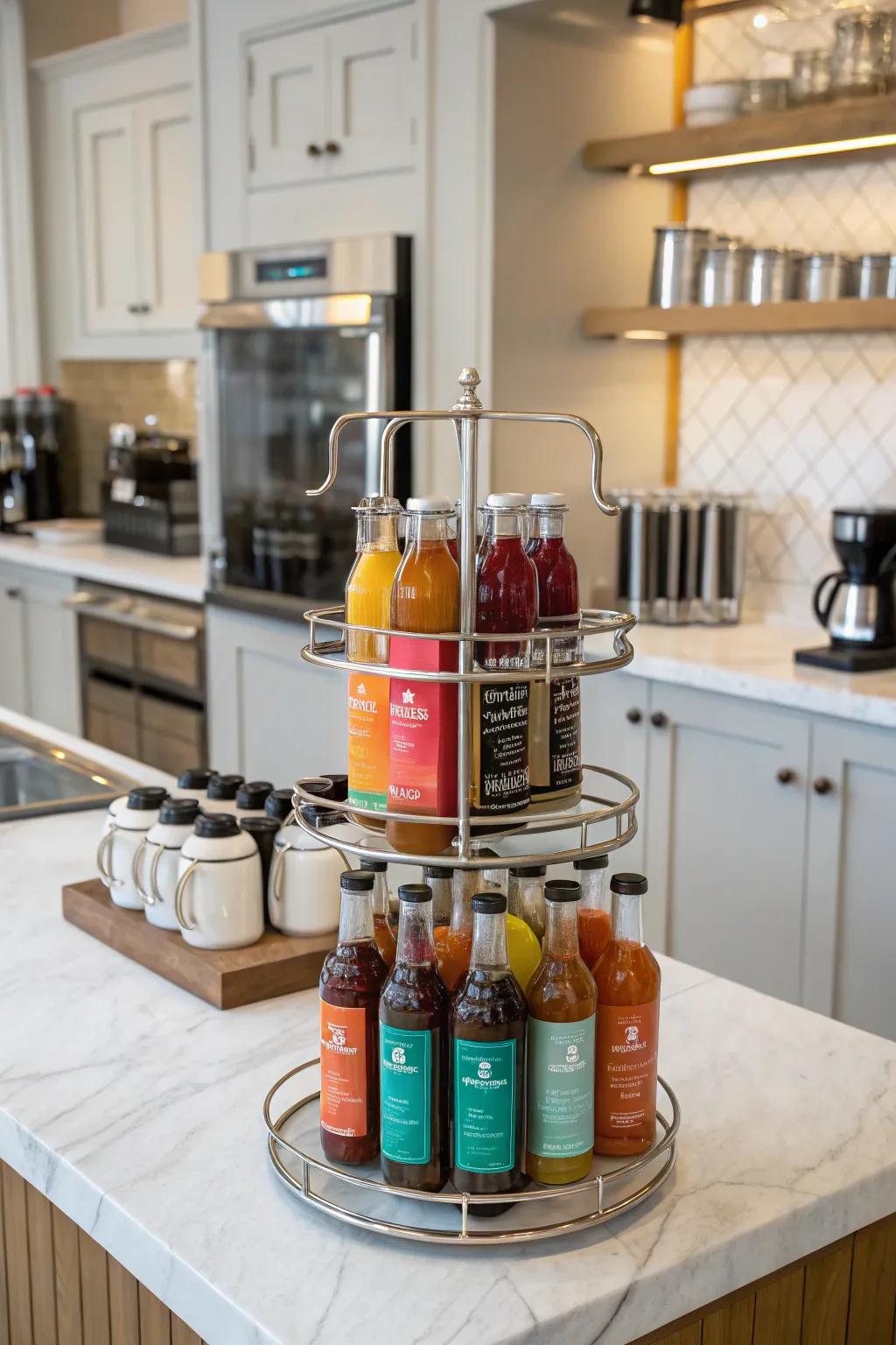 Staggered rack for a sophisticated and tidy display.