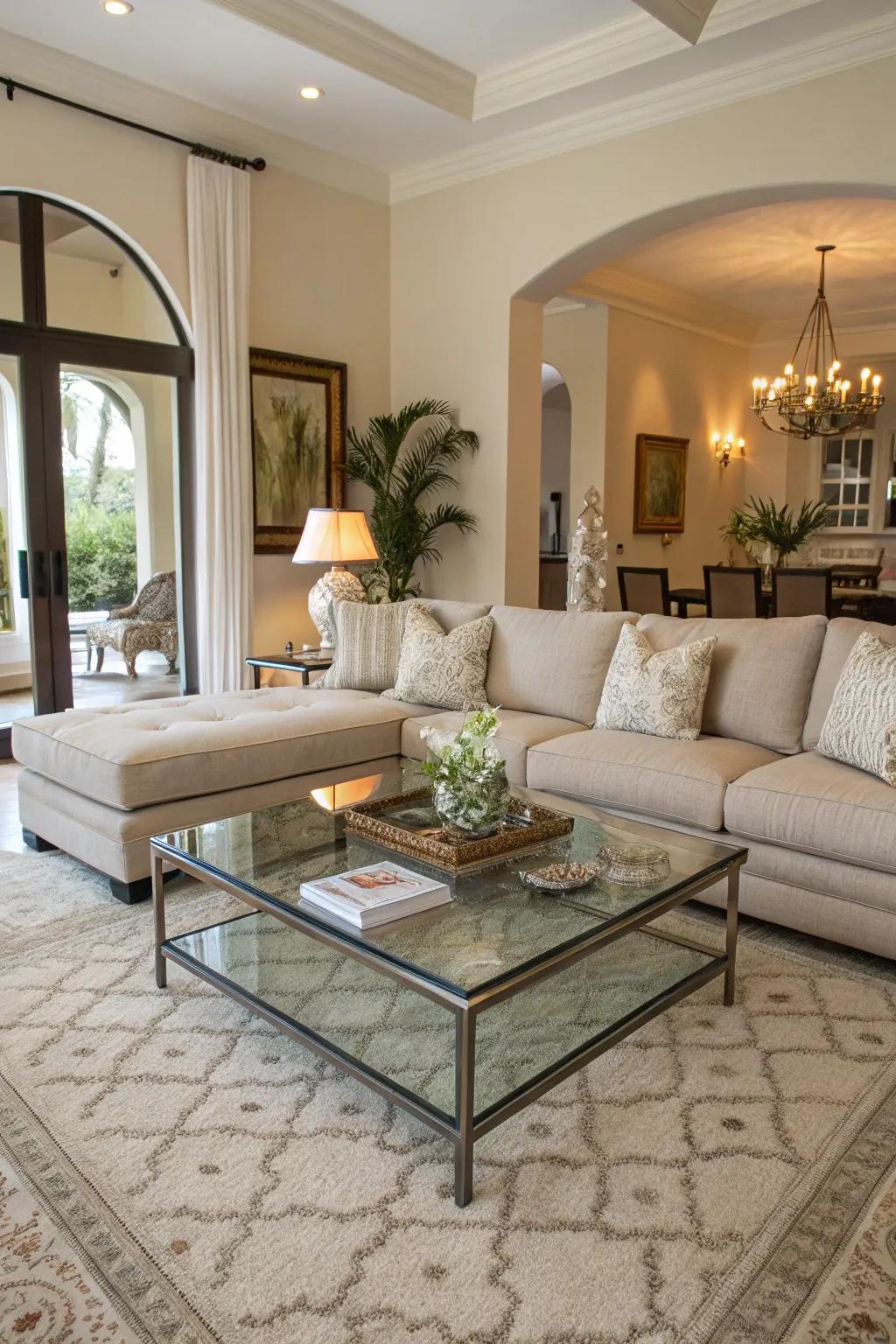 The sectional is beautifully complemented by a glass center table, which brightens the space.