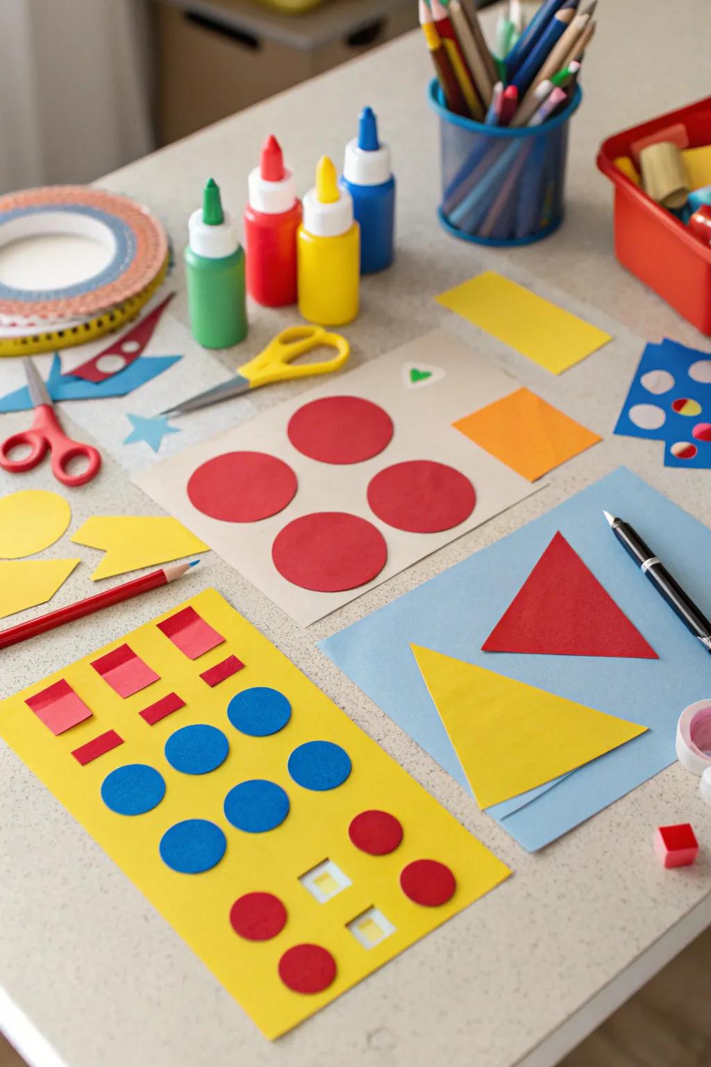 A children's art collage showcasing basic shapes and bright colors.