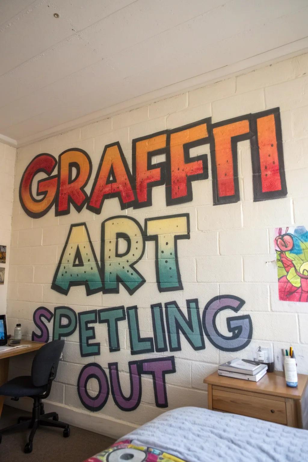 A bedroom wall personalized with vibrant name graffiti.