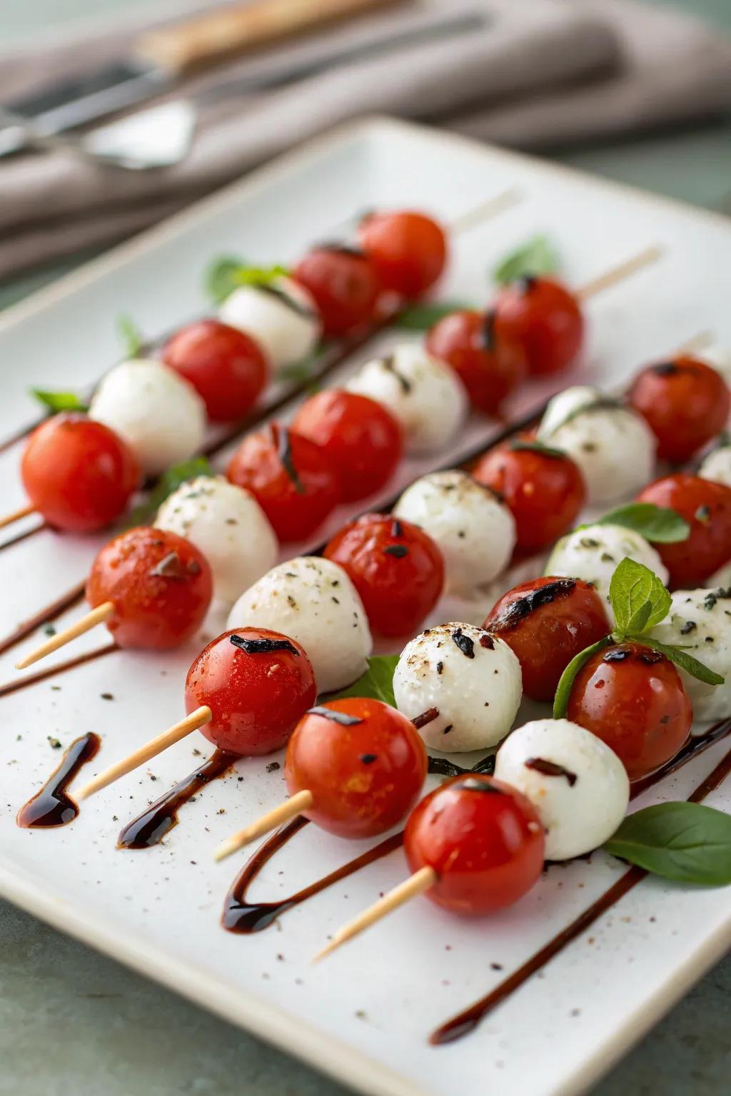 Lively mini tomato and fresh cheese skewers ideal for a red gathering.