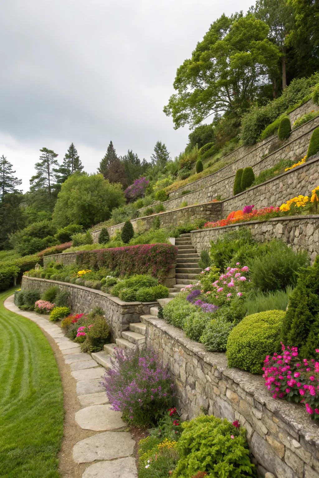 Graduated outdoor spaces featuring stone support structures enhance depth and appeal to inclined landscapes.