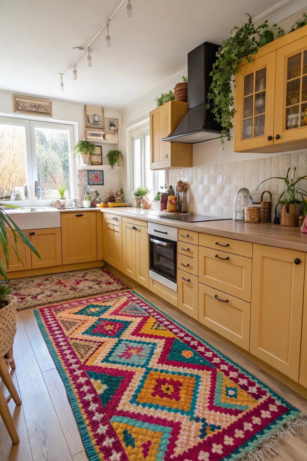 An ornamental mat injects warmth and color into the cooking area.