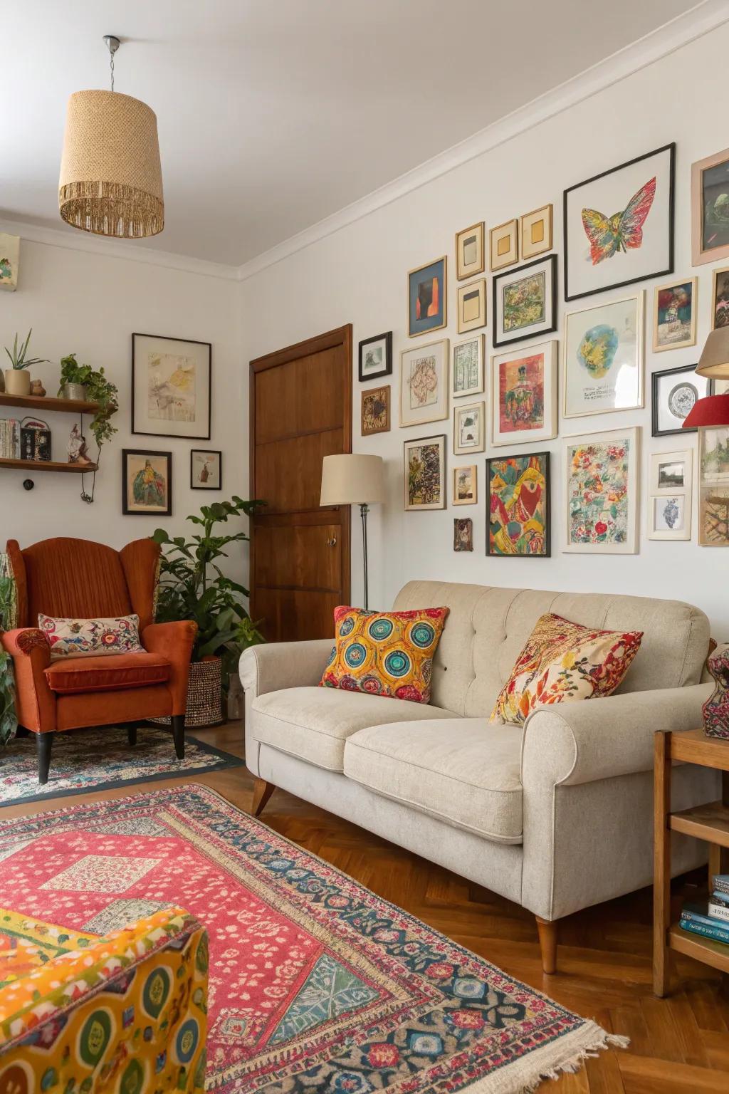An eclectic blend of furniture contributes character and contrast to this lively living area.