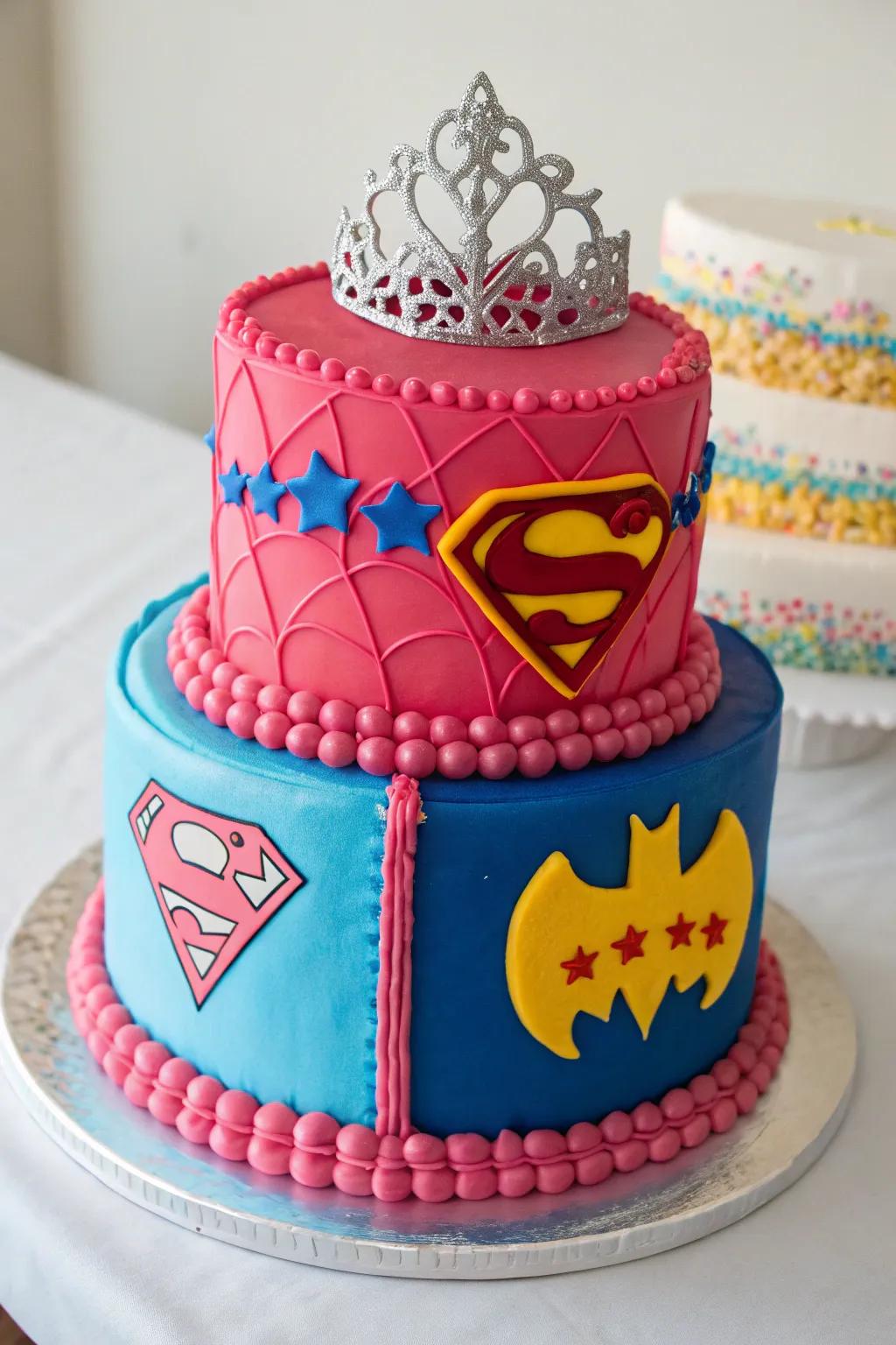 A creative cake combining superhero and princess themes.