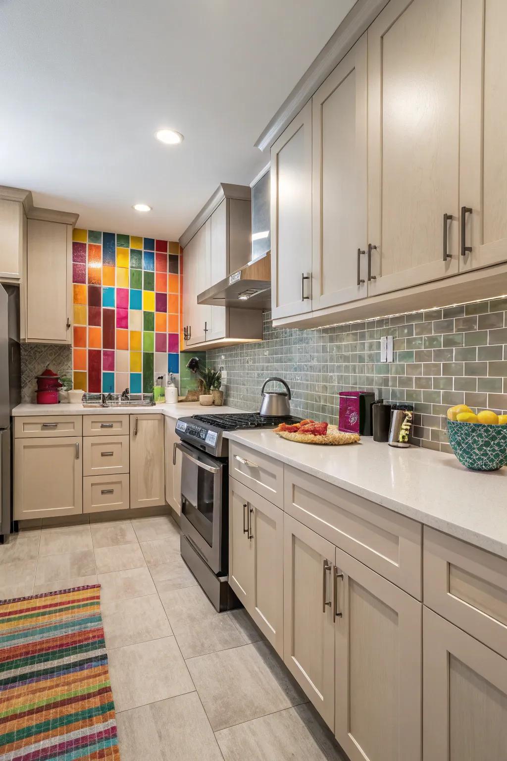 Striking color details provide a dash of character to understated cooking areas.