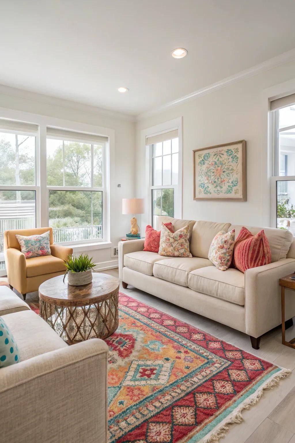 A vivid splash of color enlivening a subtle condo living space.