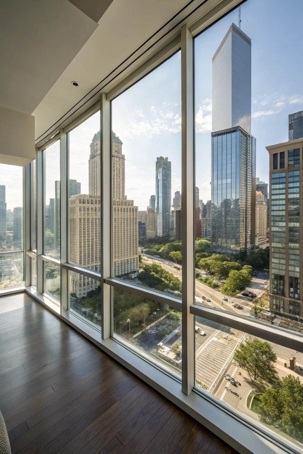 A condo featuring floor-to-ceiling windows overlooking an urban skyline.