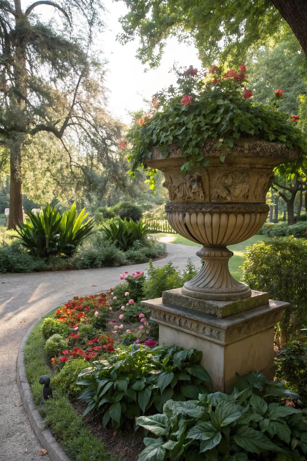 A decorative container acting as a garden's center of attention.
