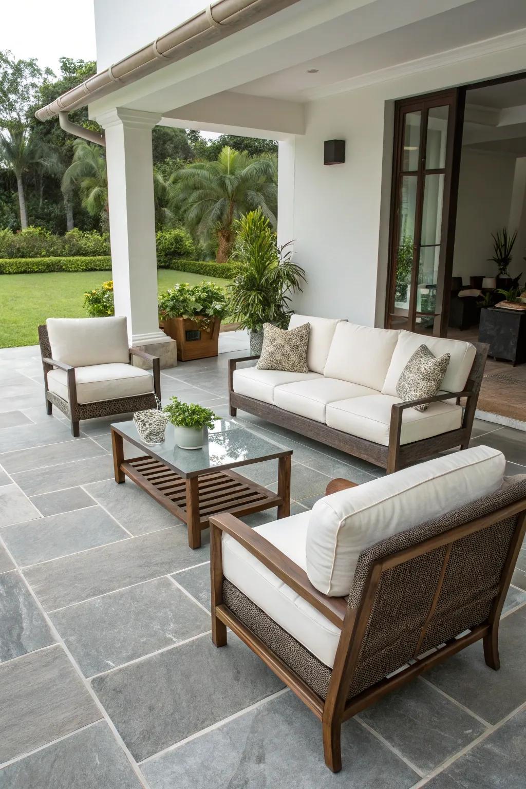 Elegant and stylish outdoor furniture featuring a neutral color scheme.