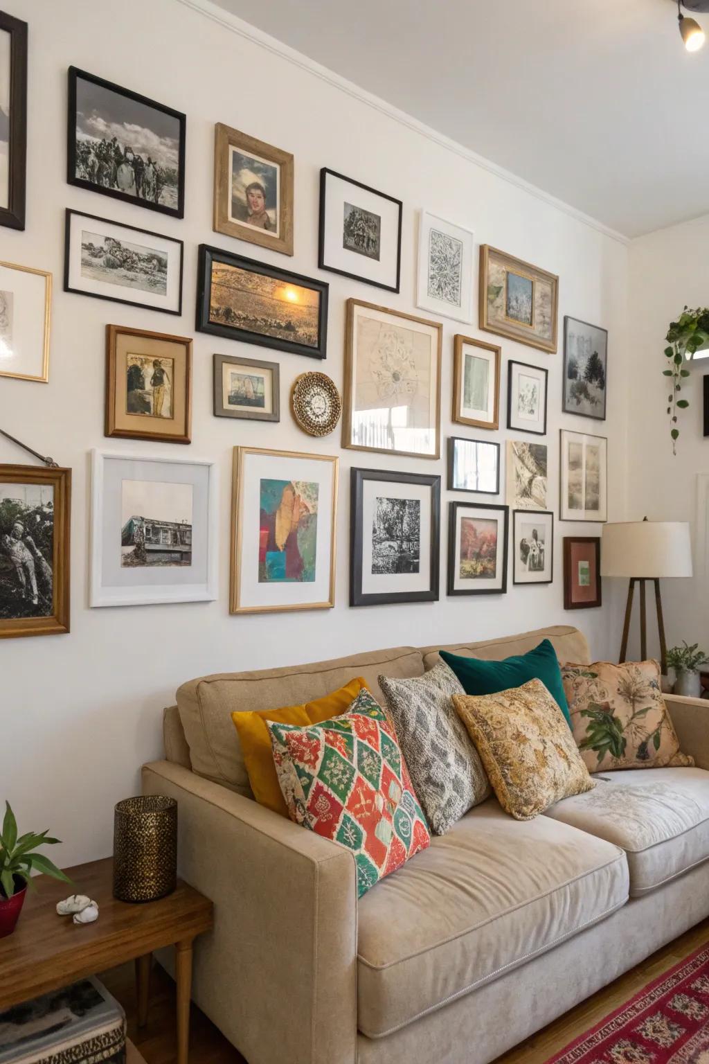 A customized gallery wall displaying favorite memories and art