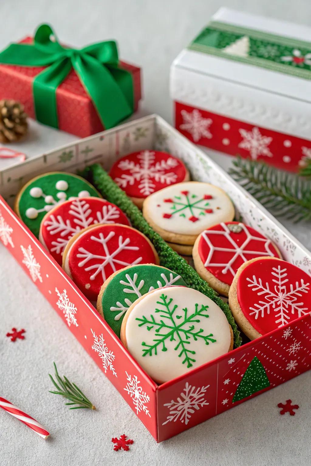 Holiday-themed packaging delivers a festive spirit to cookie gifts.