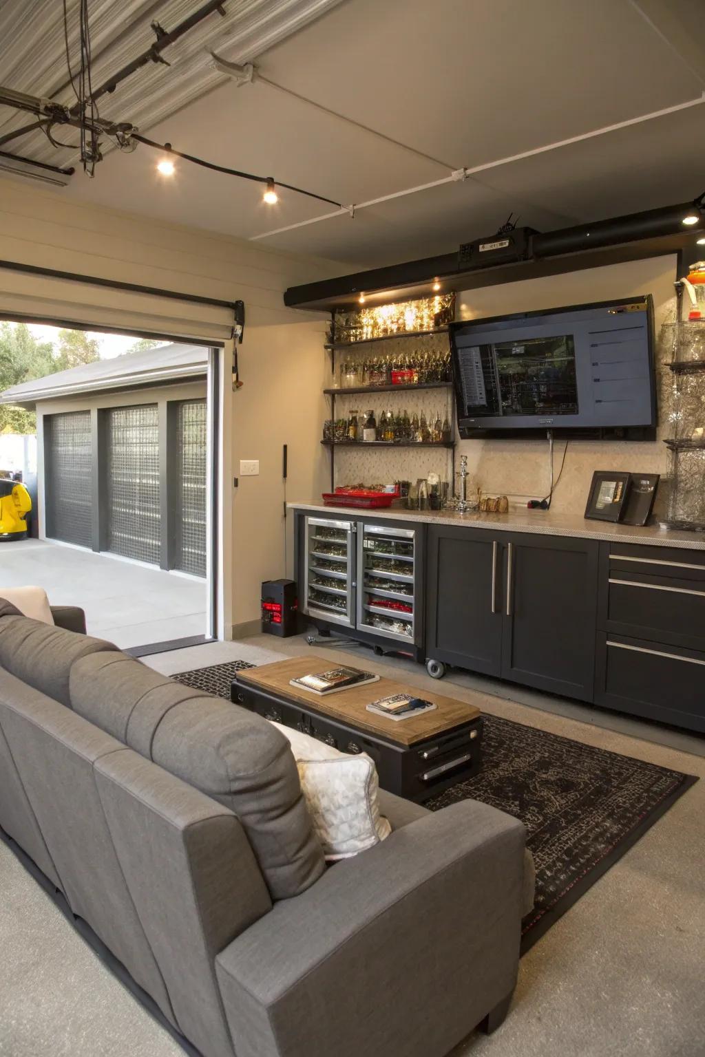 An entertainment hub in the garage, complete with cozy seating and a mini bar.