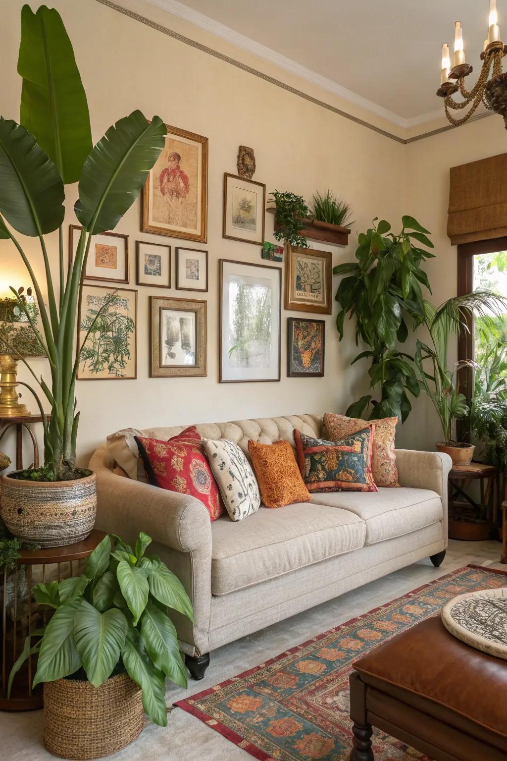 Art and greenery infuse vitality into this wonderfully adorned living area.