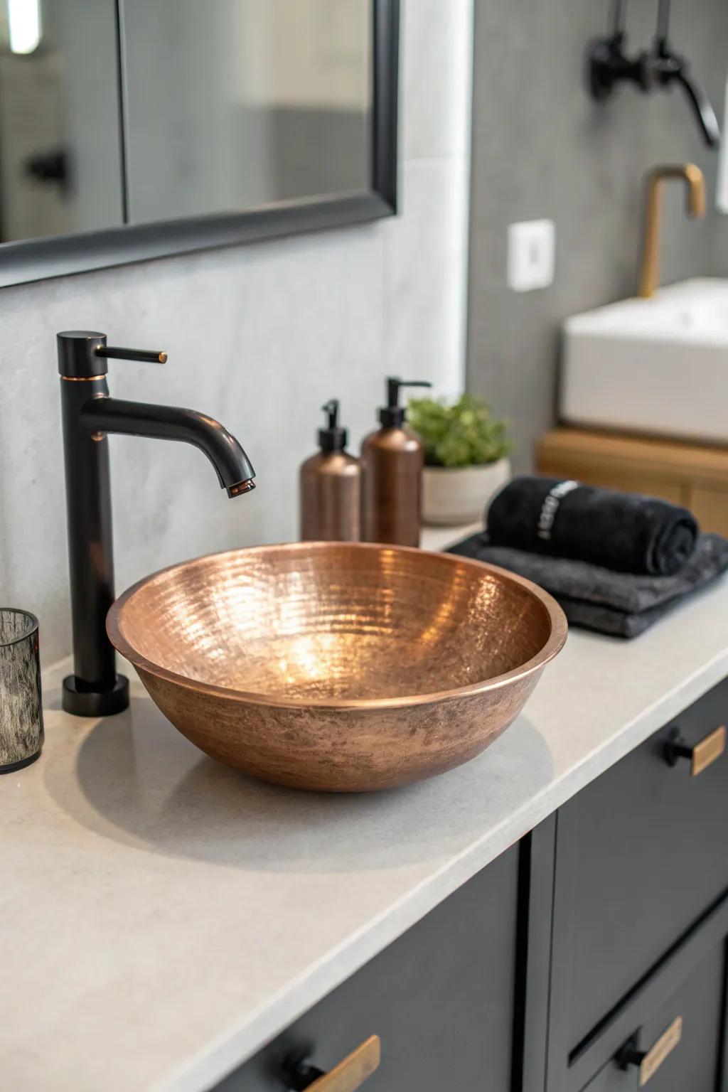 Copper sinks add a hint of class and individuality to bathroom vanities.