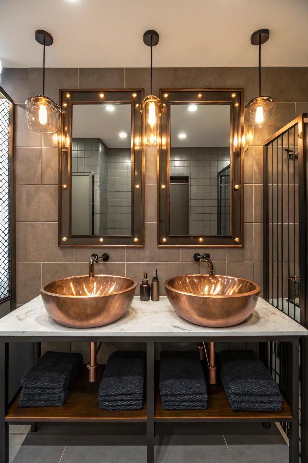 Two copper sinks make this shared bathroom look balanced and stylish.