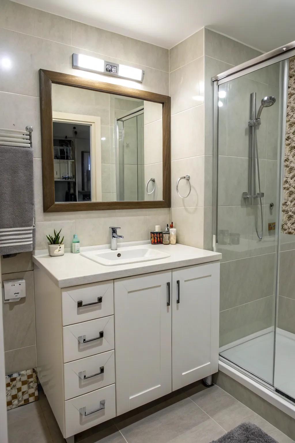 A corner vanity harmonizes practicality with elegance.