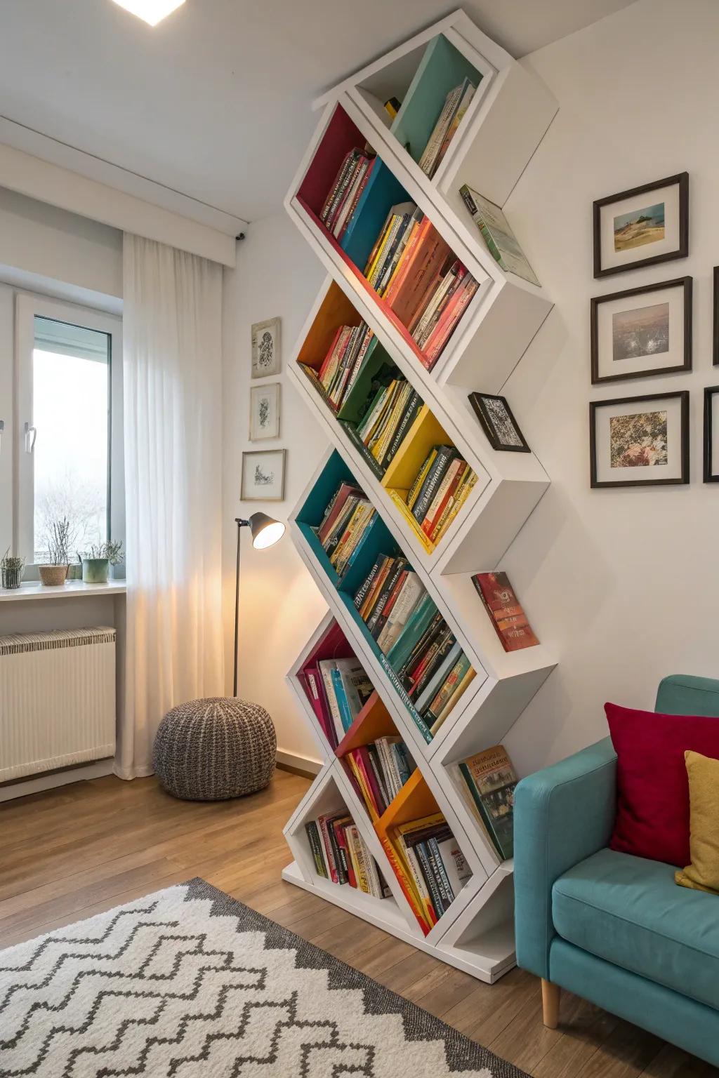 Zig-zag bookshelves create a distinctive design statement.