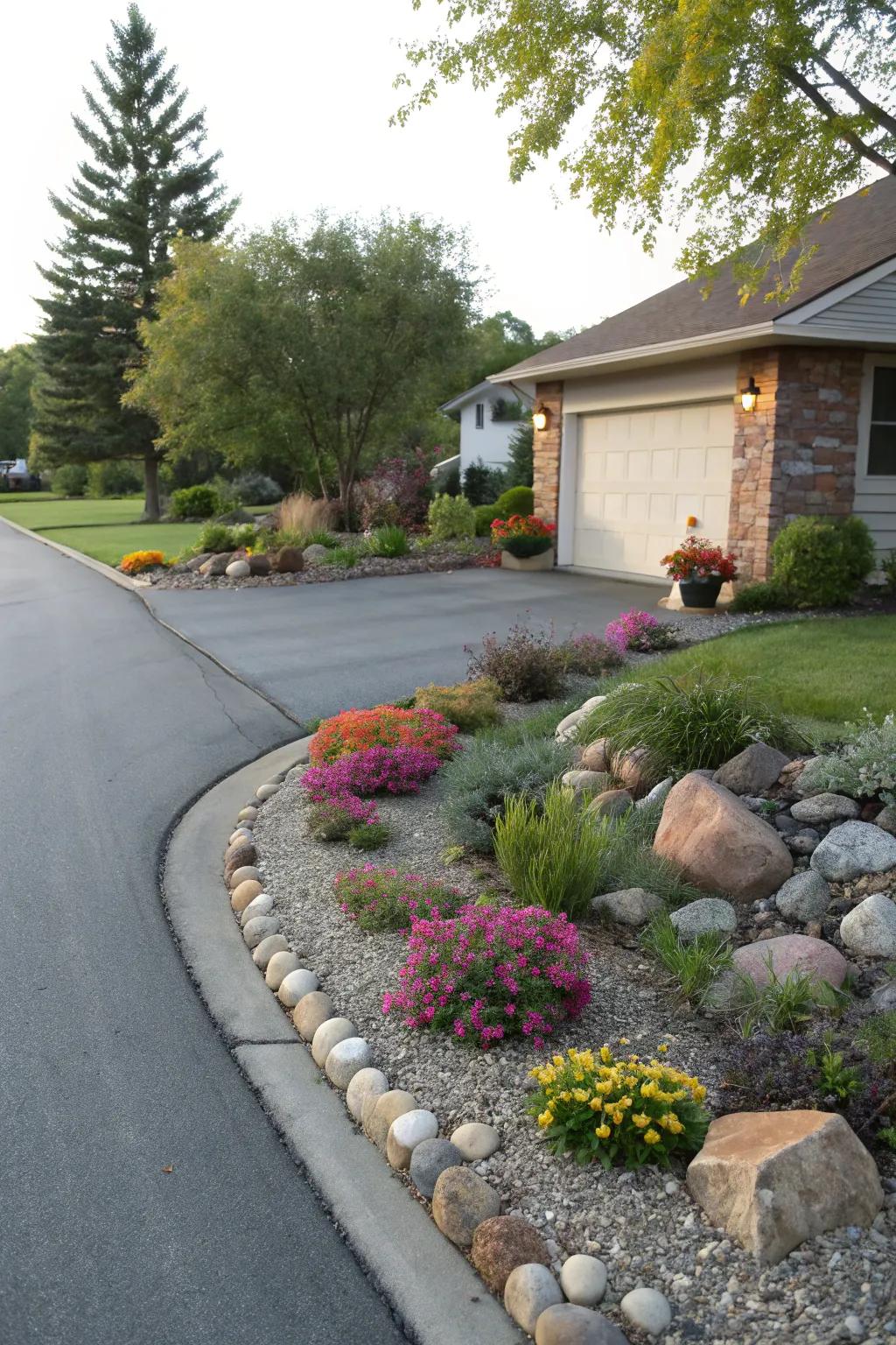 Beautifully cultivated borders framing a driveway.