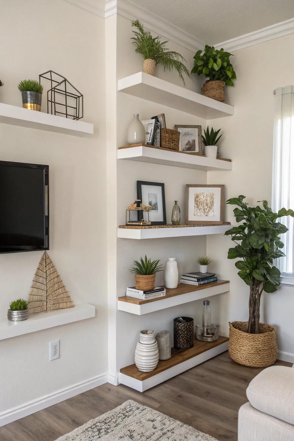 Sleek floating corner shelves adorned with decorative items.