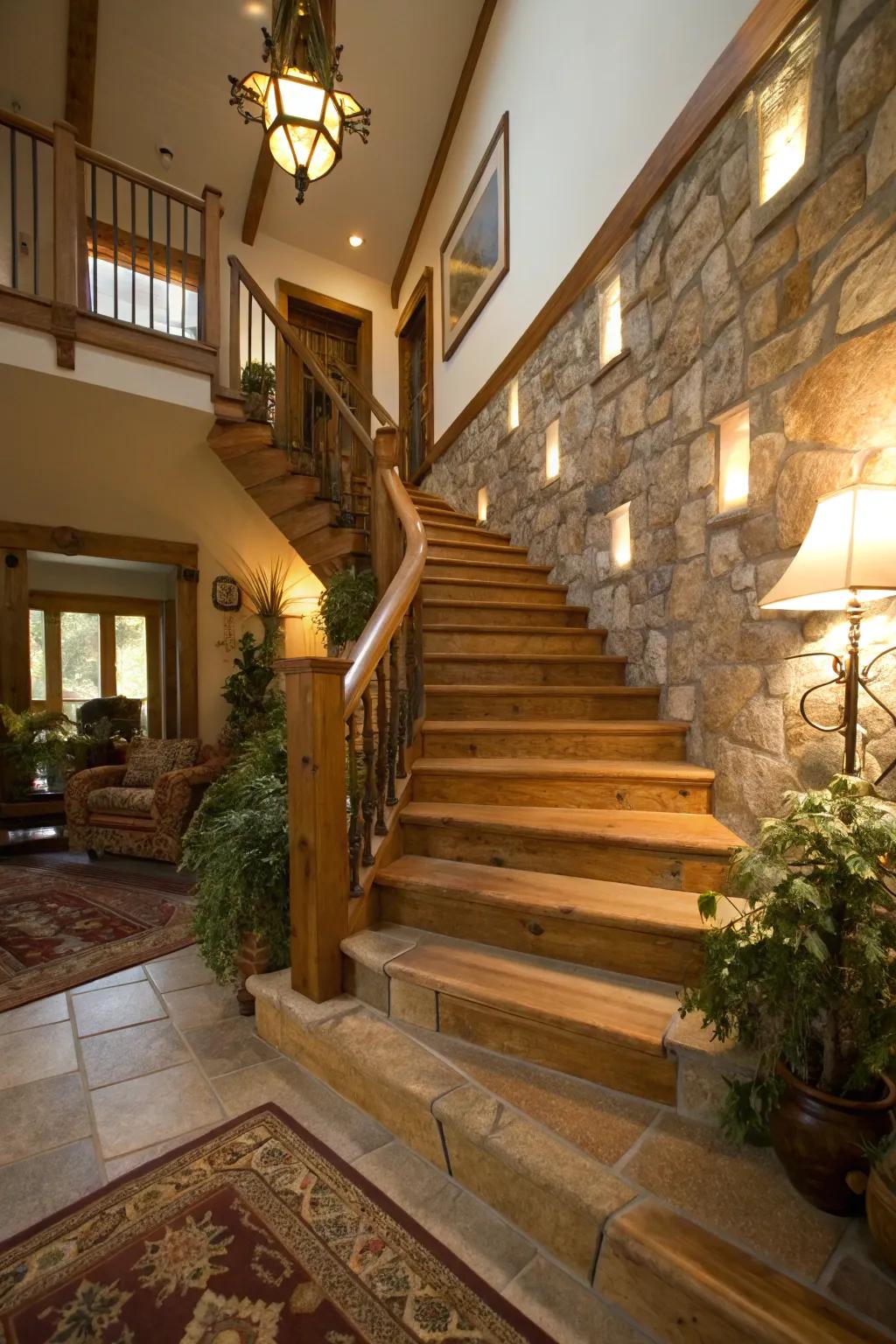 Natural elements suffuse stairwells with warmth and texture.