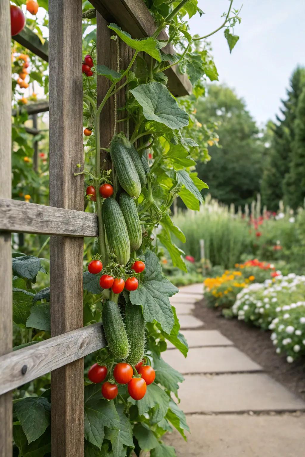 A vertical vegetable garden with cucumbers and tomatoes on a trellis.