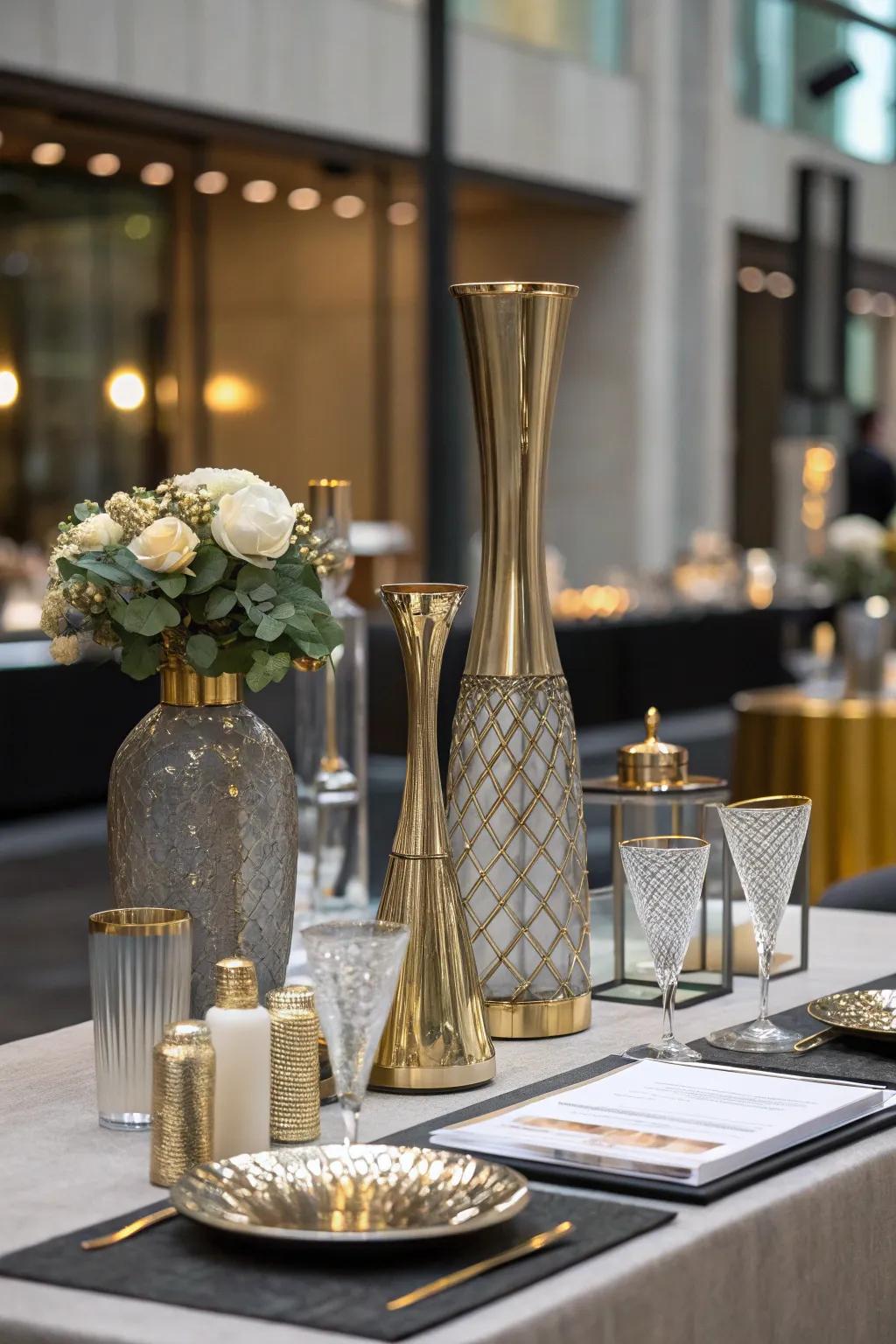 Elegant amalgamation of glass and metallic accents.