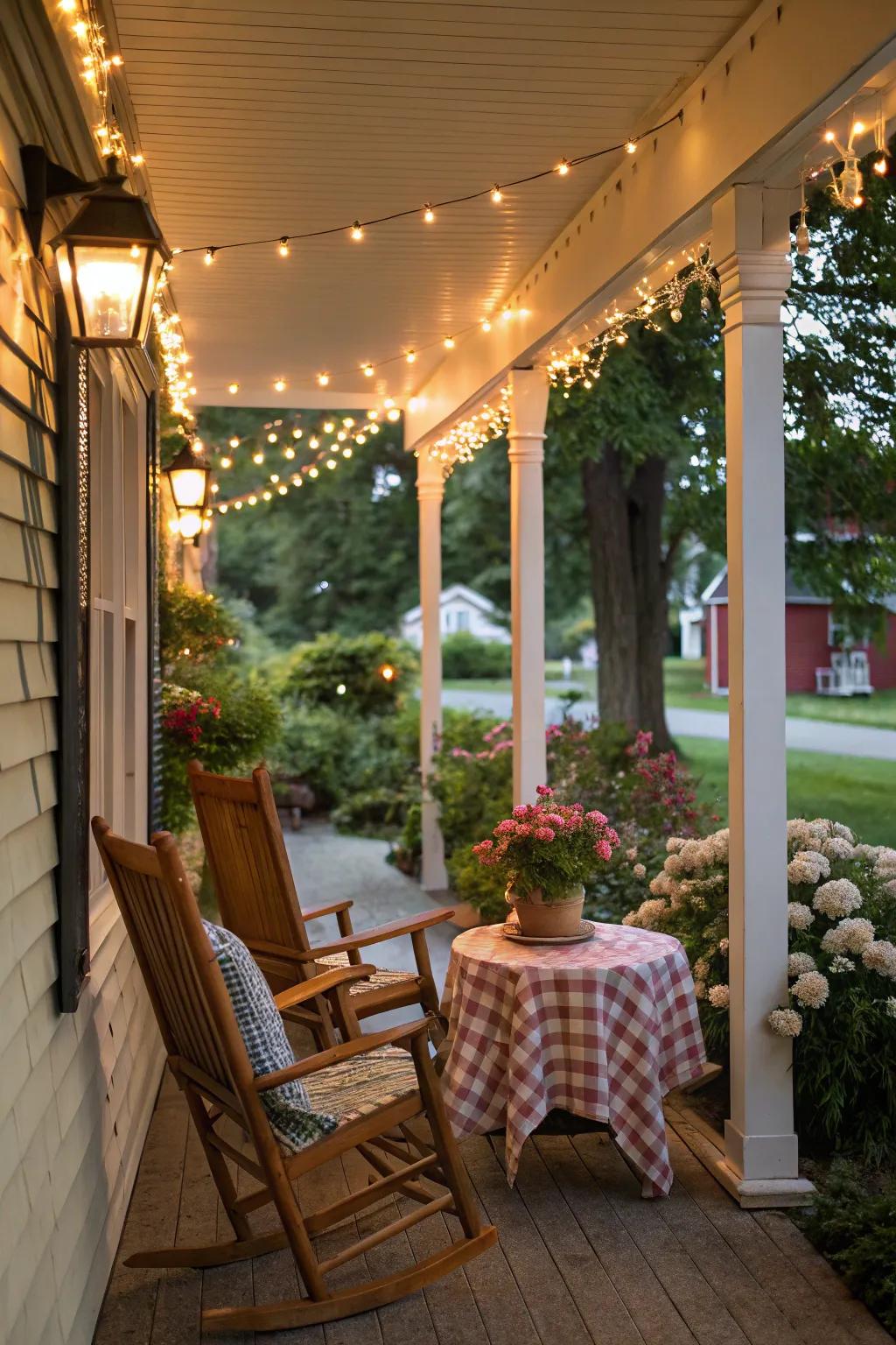 A snug veranda illuminated by warm twisted bulbs.