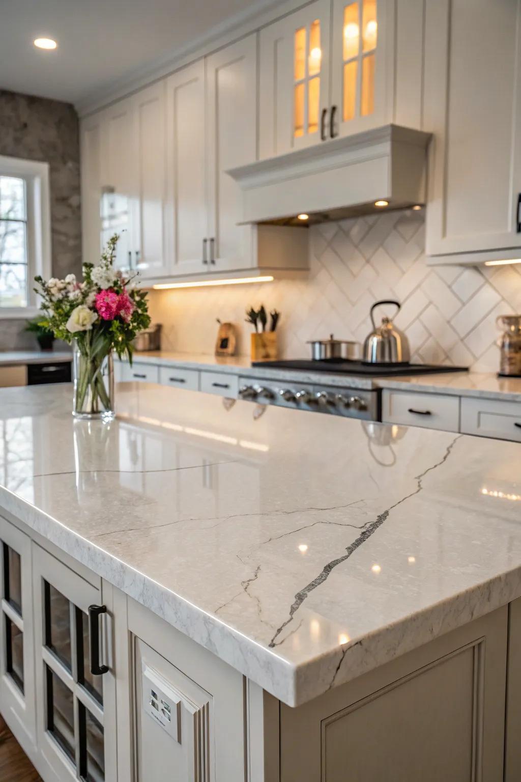 Refined marble end treatments harmonize splendidly with the countertop.