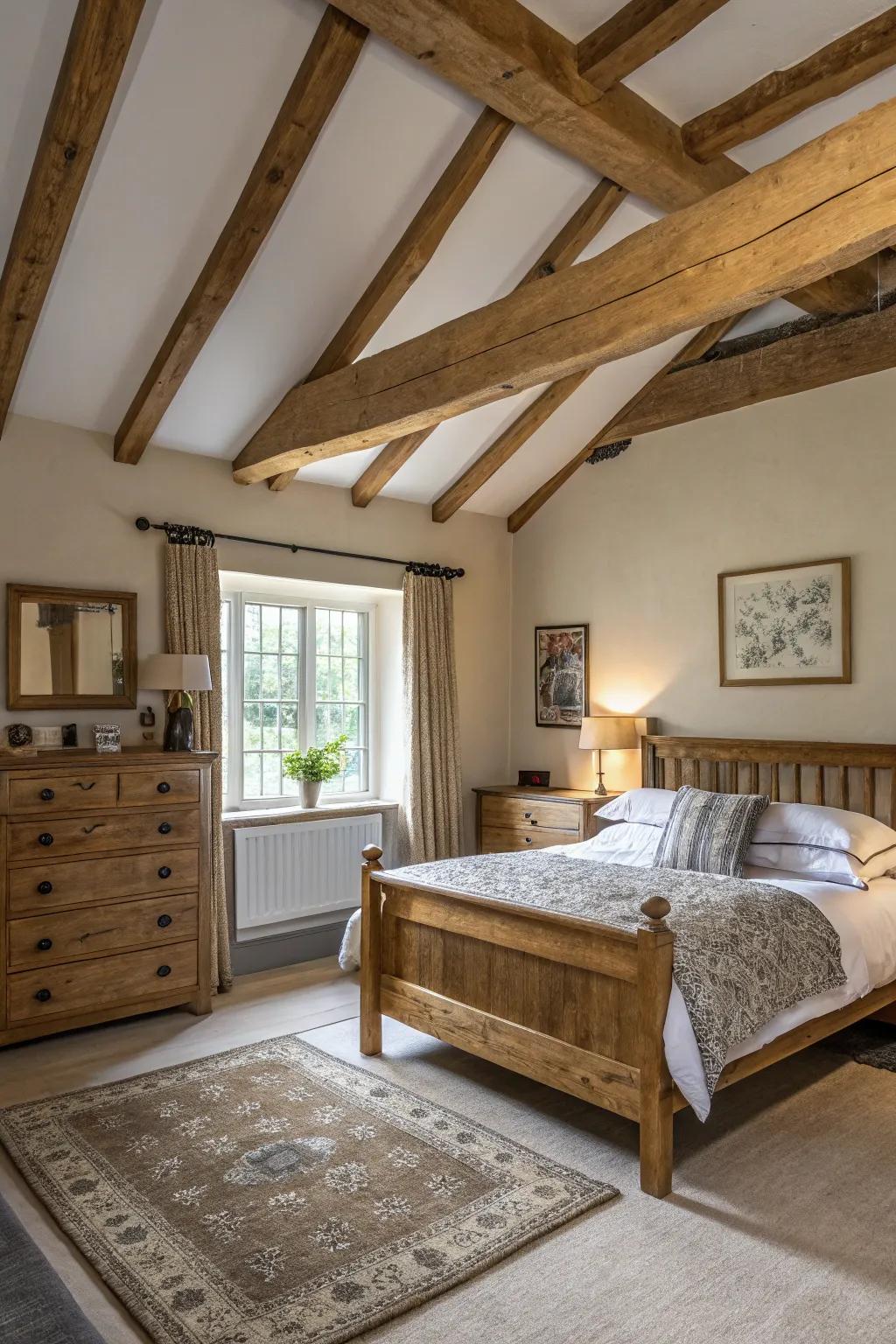 Natural wood features contribute comfort and uniqueness to the bedroom.