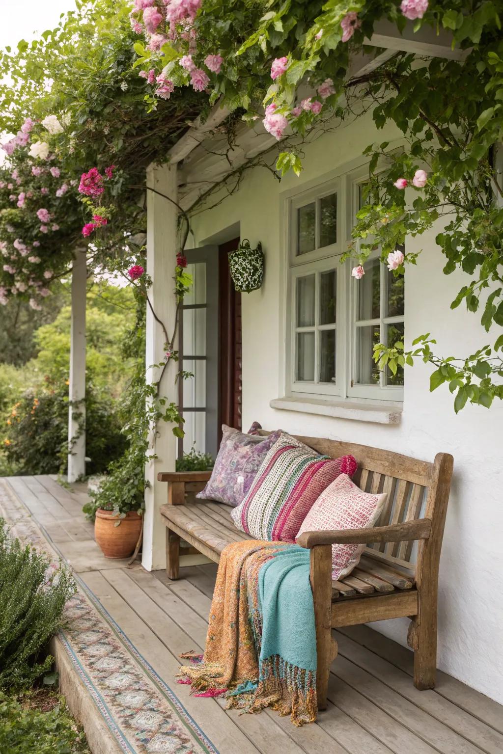 Comfortable fabrics decorate a wood bench on a farmhouse porch.