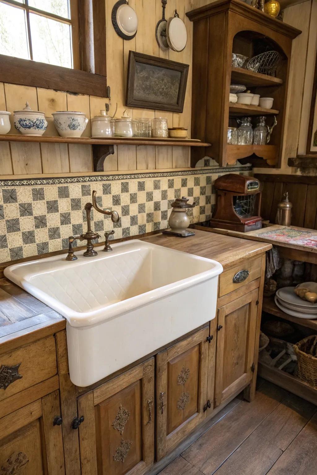 A farmhouse-style basin functions as a nostalgic centerpiece in your cooking area.