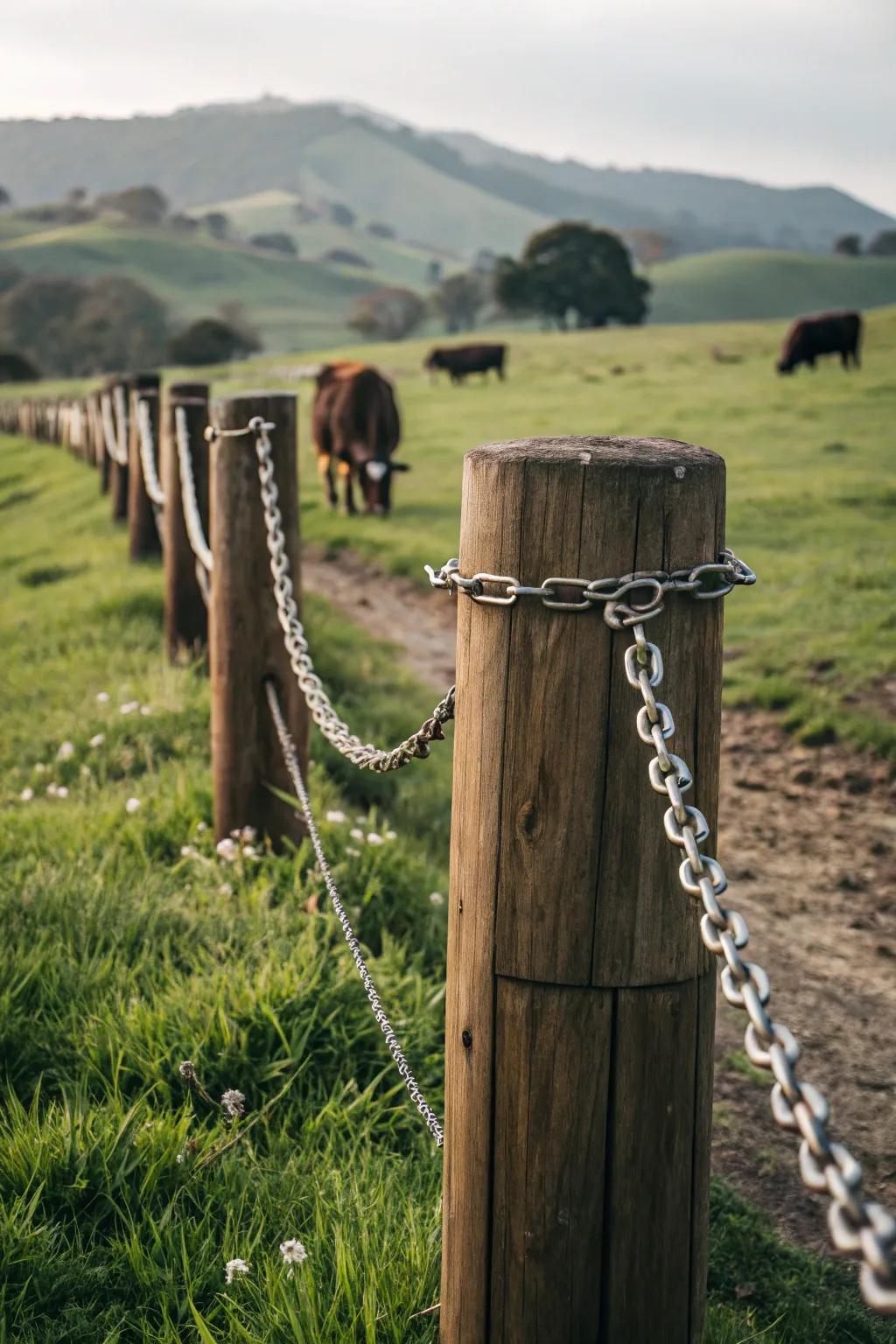 Cylindrical timber supports and chain link evoke a nostalgic countryside atmosphere.