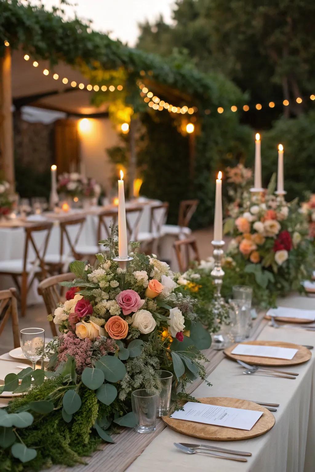Event tables embellished with lavish botanical and verdure arrangements.