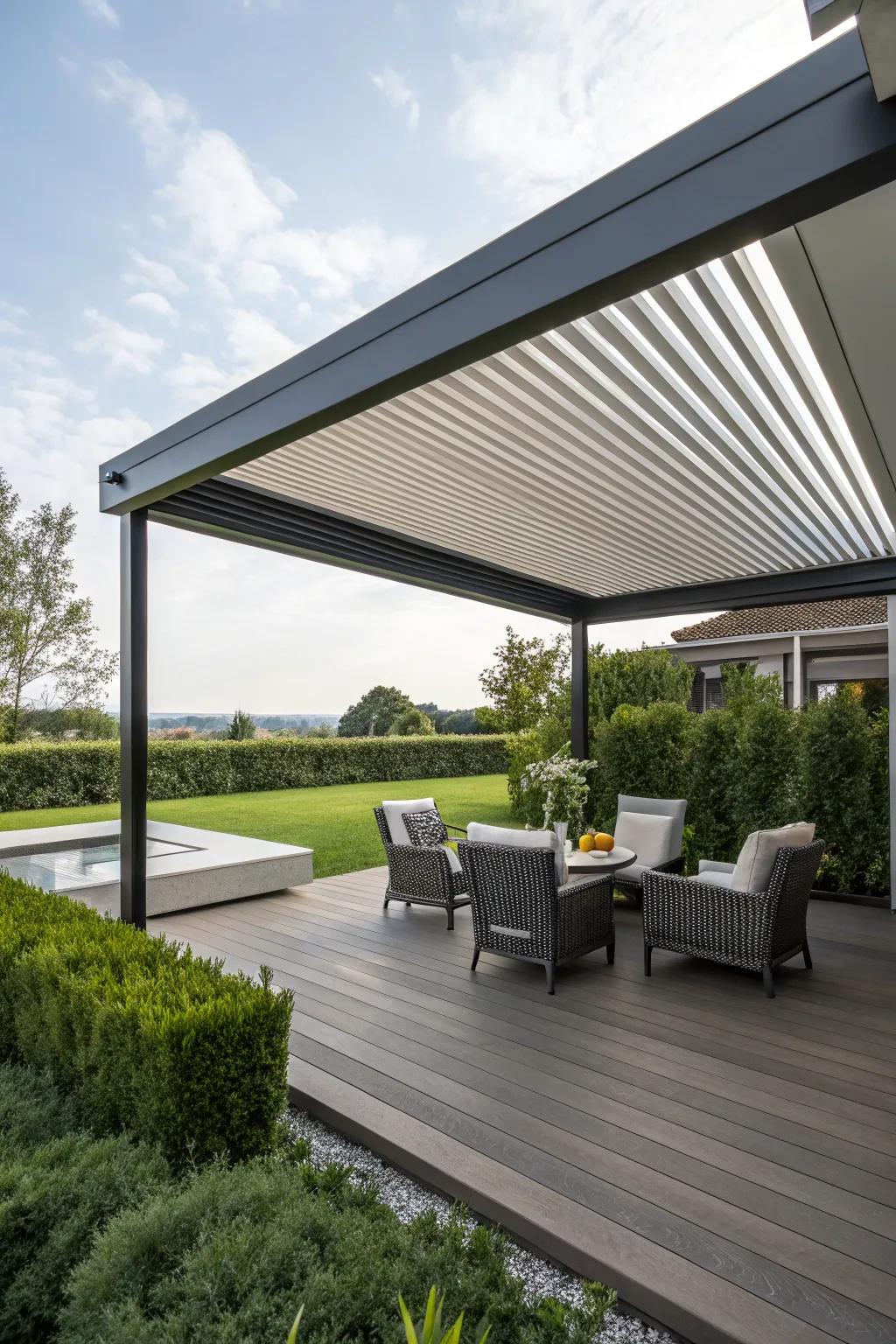 Elegant louvered roofs provide adjustable shade and flair for any deck.