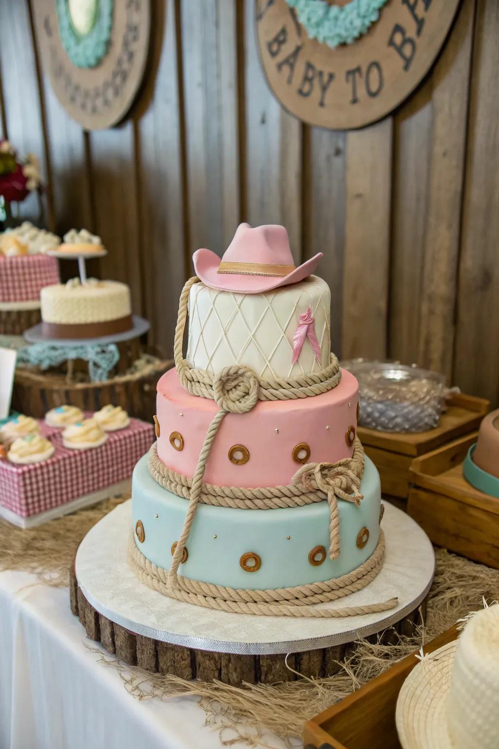 Western-themed trinkets bringing an endearing touch to this baby shower cake.