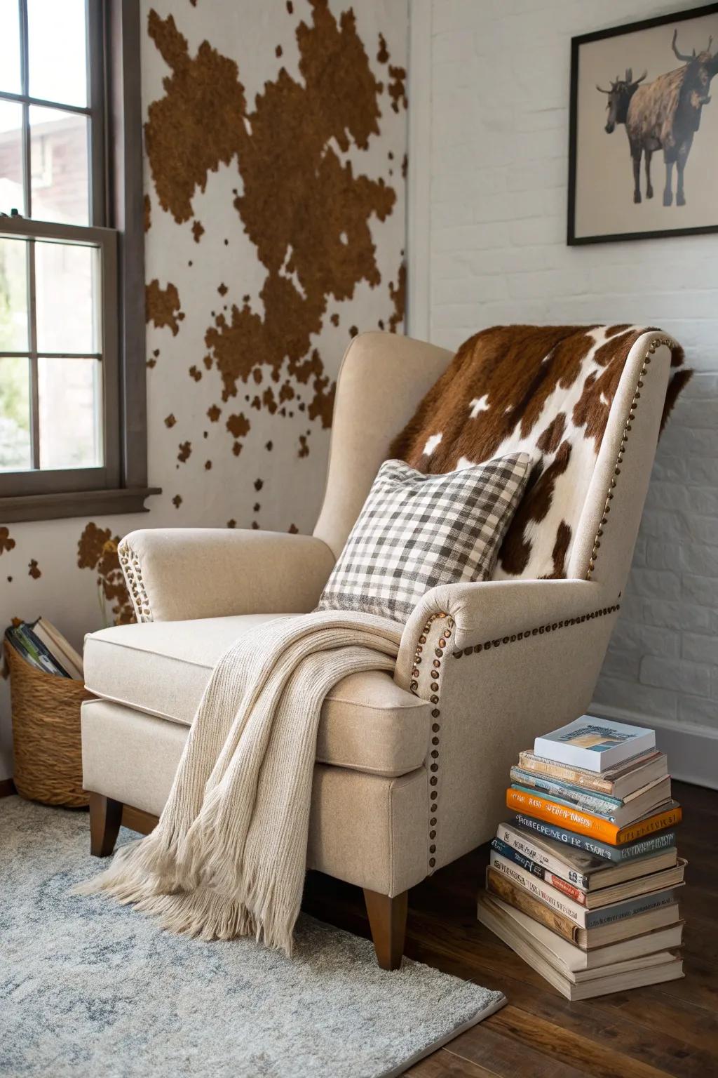 A cozy reading nook enhanced by an animal hide wall backdrop.